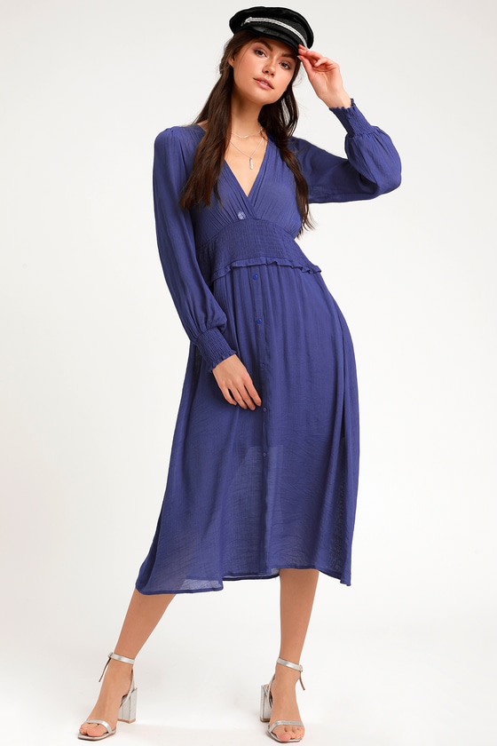 Royal Blue Dress - Midi Dress - Casual Dress - Long Sleeve Dress - Lulus