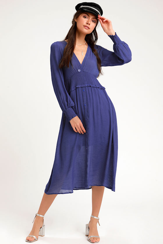 Royal Blue Dress Midi Dress Casual Dress Long Sleeve Dress Lulus