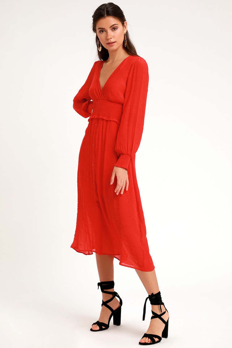 red casual dress long sleeve