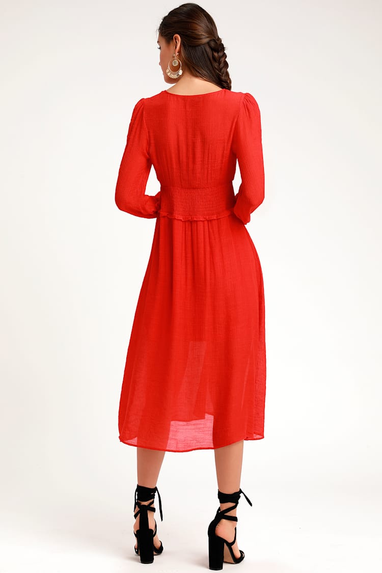 Bright Red Dress - Midi Dress - Casual Dress - Long Sleeve Dress - Lulus