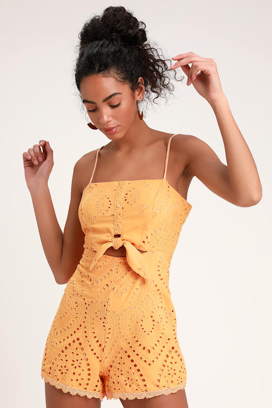 Washed Orange Romper Eyelet Lace Romper TieFront Romper Lulus