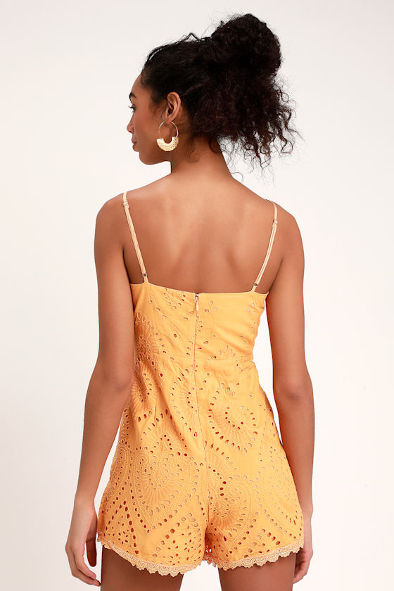 Keala Washed Orange Tie-Front Eyelet Lace Romper 2
