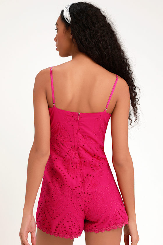 Keala Magenta Tie-Front Eyelet Lace Romper 2