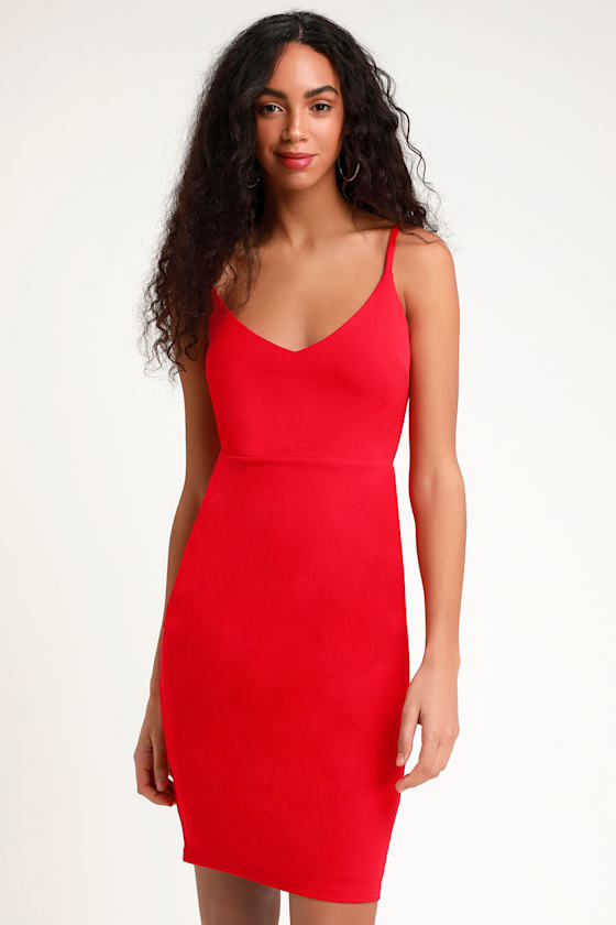 red sleeveless bodycon dress