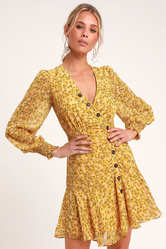 long sleeve yellow floral dress