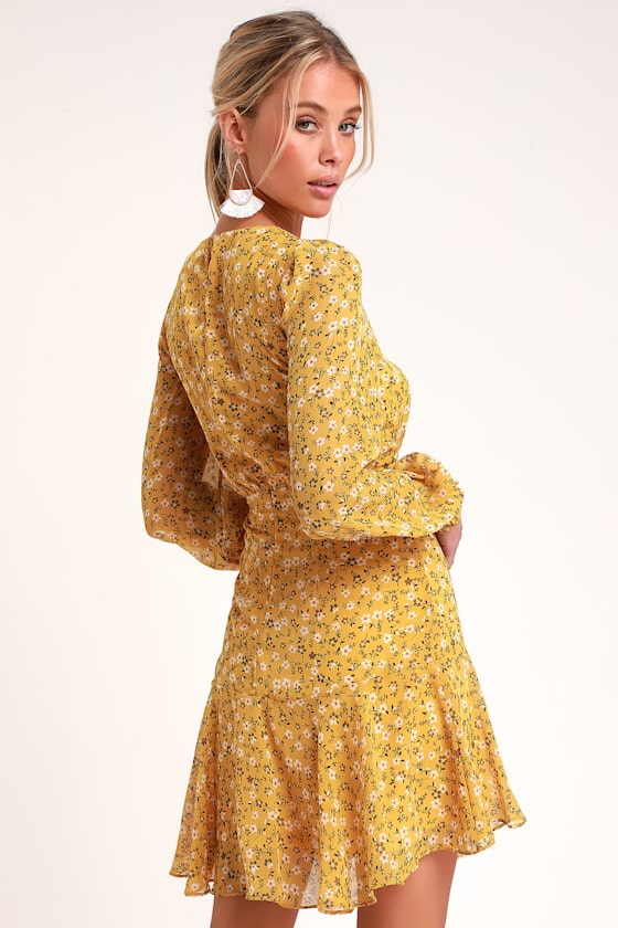 Cute Yellow Floral Print Dress - Long Sleeve Button-Front Dress - Lulus