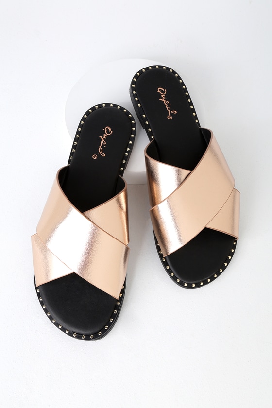 classic metallic slip on sandals rose gold