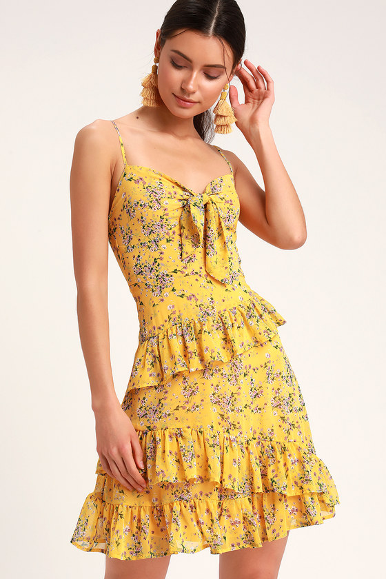 MAIN SQUEEZE YELLOW FLORAL PRINT CHIFFON TIE-FRONT MINI DRESS LULUS