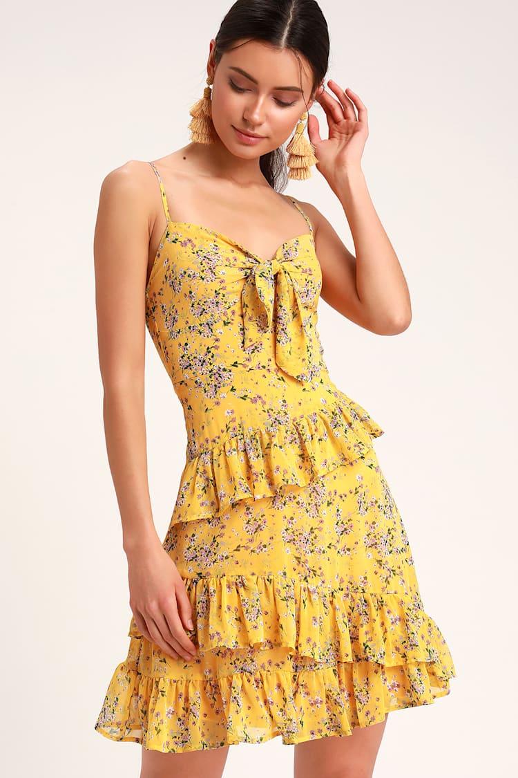 Cute Yellow Dress - Yellow Floral Dress - Yellow Chiffon Dress - Lulus