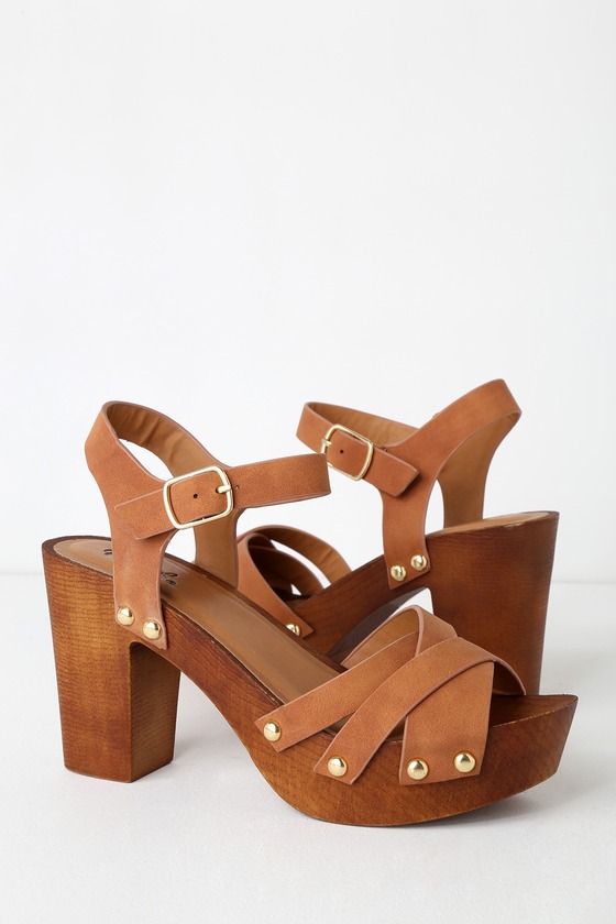 Cute Nubuck Heels - Wooden Platform Heels - Camel Nubuck Heels