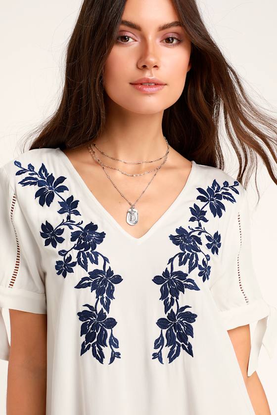 Ambrosia Navy Blue and White Embroidered Tie-Sleeve Shift Dress 1