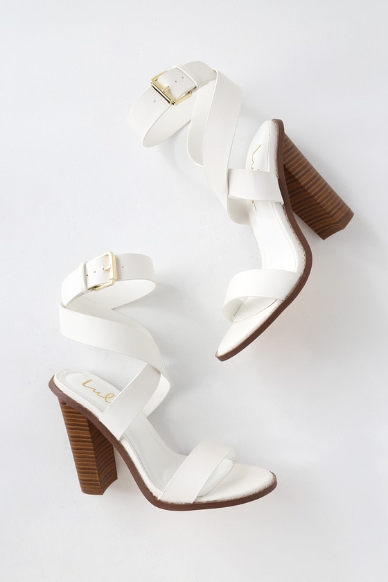 Cute White Heels - Ankle Strap Heels - Wood-Look Stacked Heels - Lulus