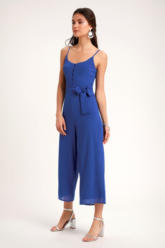 Blue Spaghetti Strap Jumpsuit - Culotte Jumpsuit - Midi Jumpsuit - Lulus