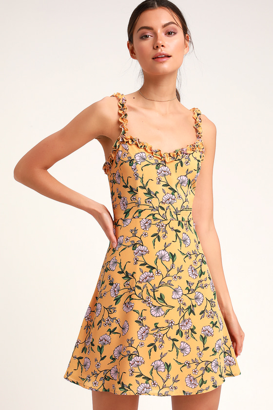 Cute Mustard Yellow Dress - Floral Print Dress - Skater Dress - Lulus