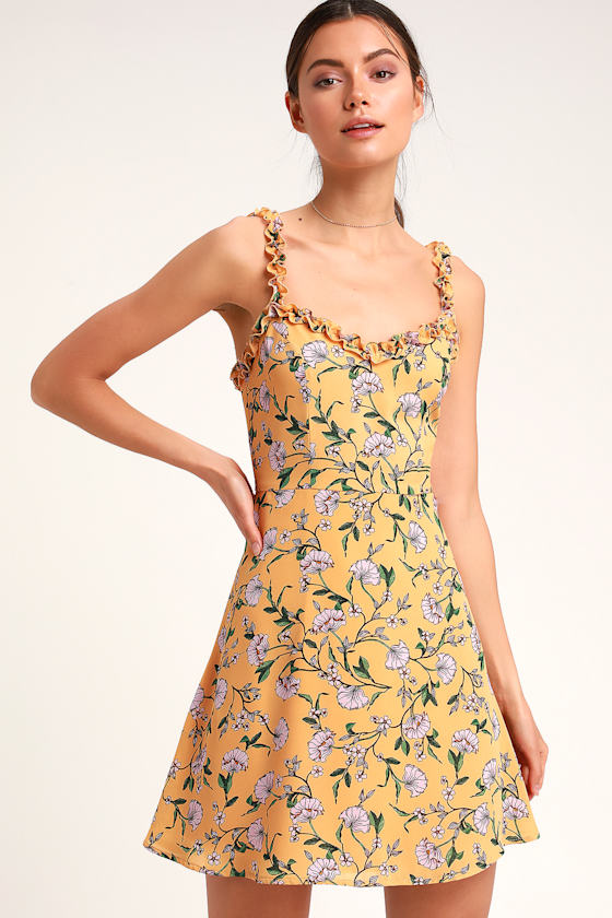 Cute Mustard Yellow Dress - Floral Print Dress - Skater Dress - Lulus