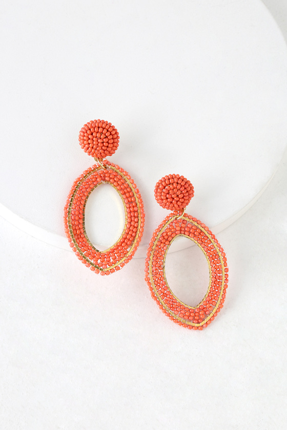 Calliandra Coral Orange Beaded Statement Earrings 1