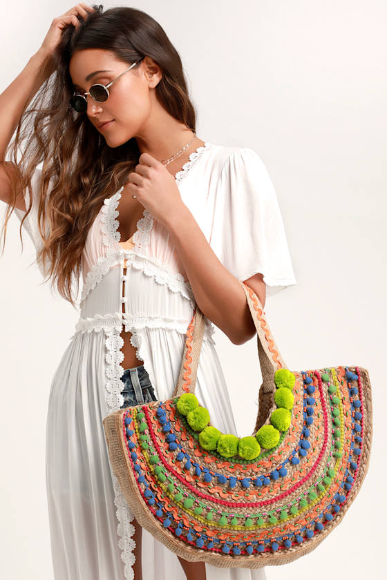 Lago Beige Woven Pompom Tote 6