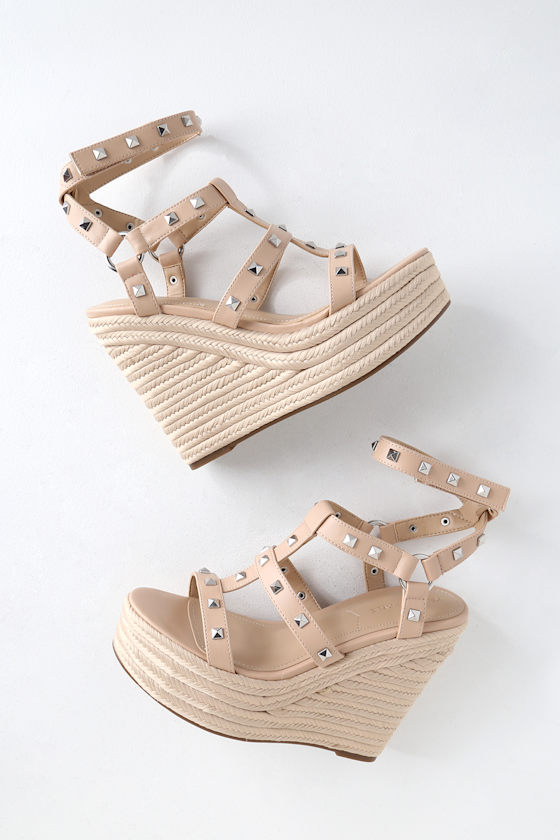 Give 3 Light Natural Studded Espadrille Wedges 3