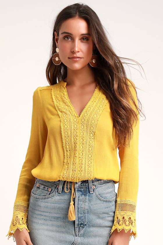 Boho Golden Yellow Top Lace Top Long Sleeve Top Blouse Lulus