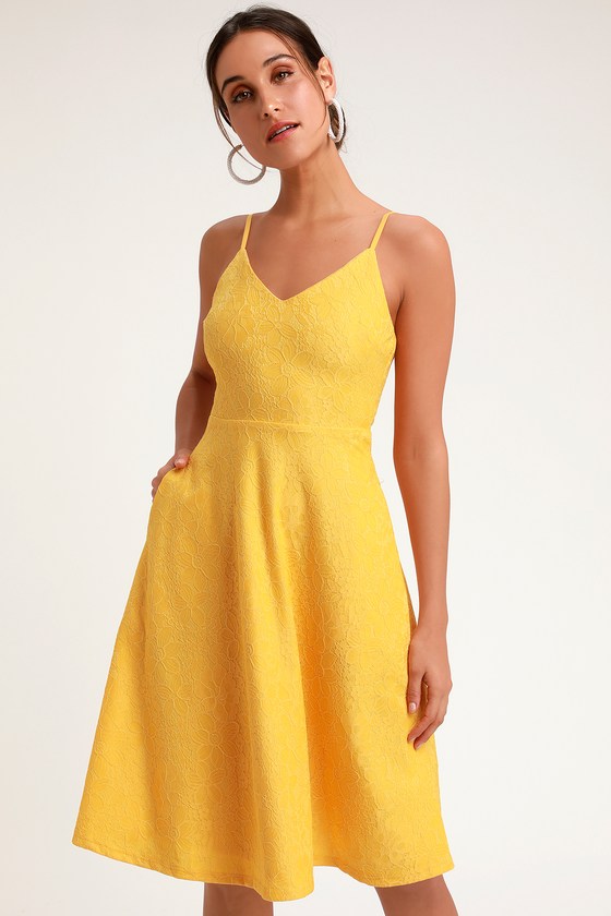 Delightful Day Yellow Lace Midi Skater Dress