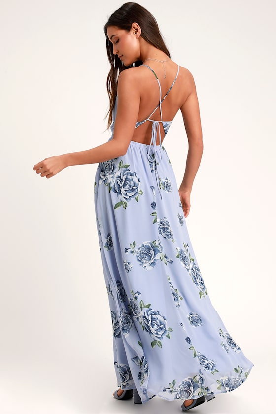 Kind and Loving Light Blue Floral Print Backless Maxi Dress 2