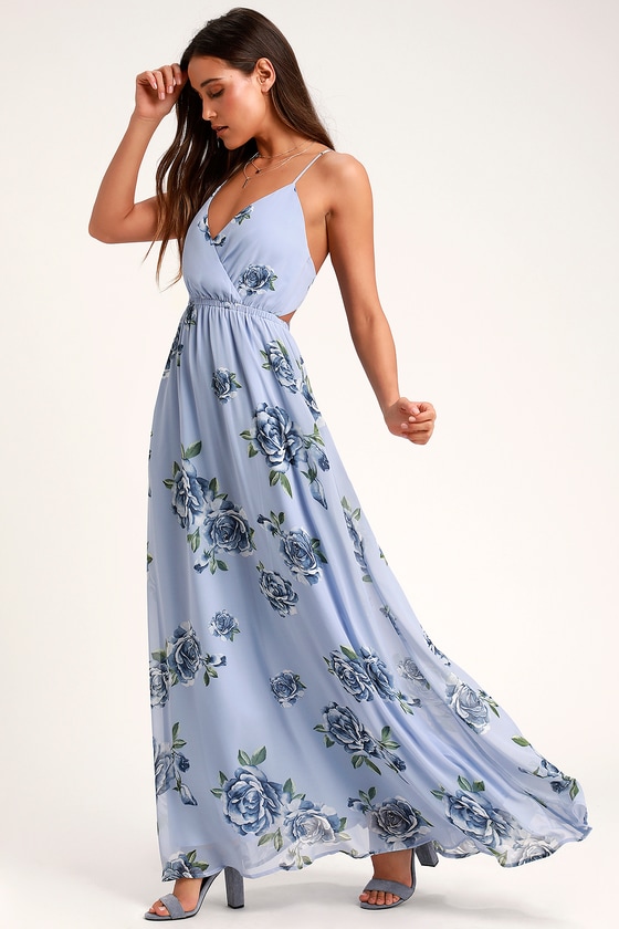 Cute Light Blue Floral Print Dress - Maxi Dress - Backless Dress - Lulus