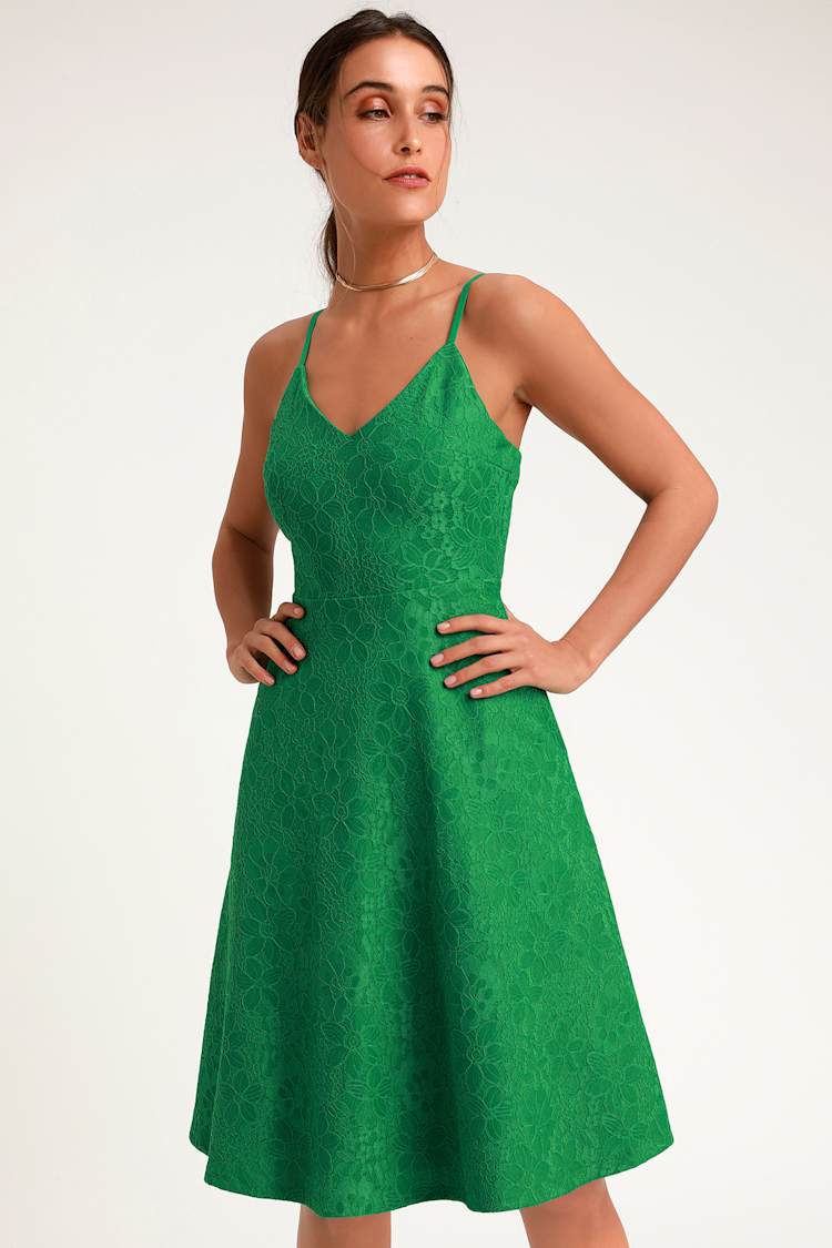 green midi skater dress Lexi Bardot on off shoulder dip hemline midi skater dress Forrest gree –  Deja Elite Boutique main image 1