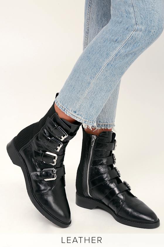 Gaven Black Leather Belted Mid-Calf Boots 4