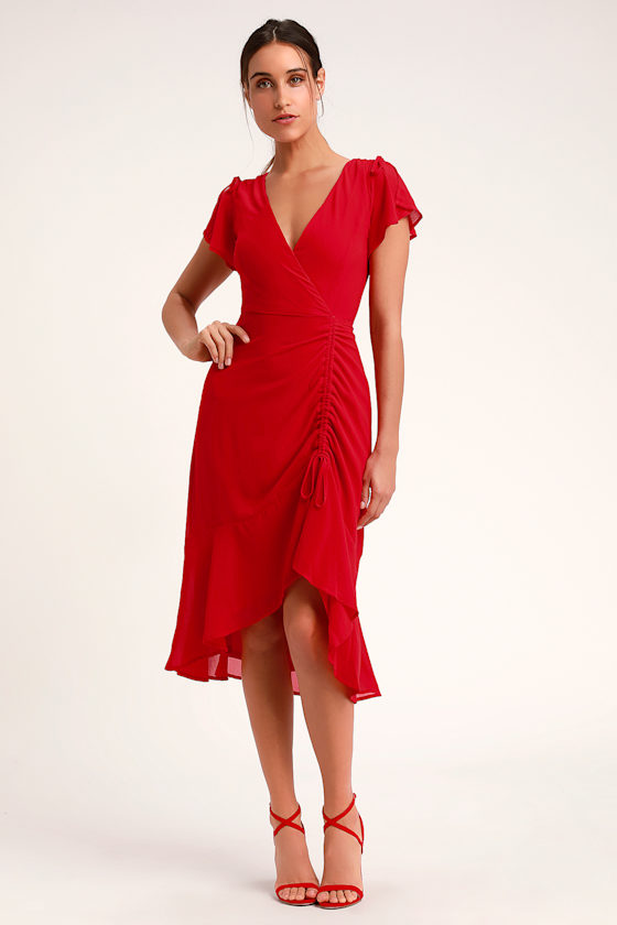 Lovely Red Dress Midi Dress Ruched Dress HighLow Dress Lulus