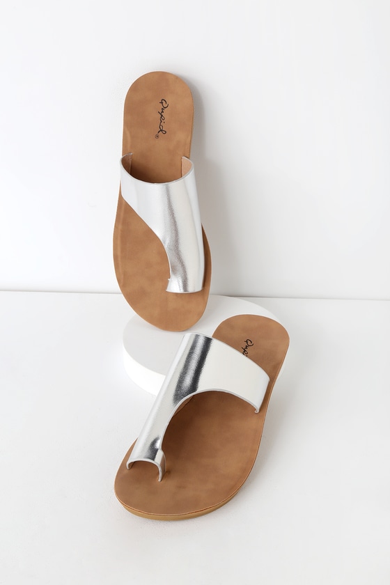 Cute Silver Sandals - Vegan Sandals - Asymmetrical Sandals - Lulus