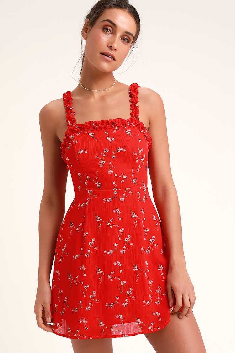Cute Red Floral Print Dress - Skater Dress - Sleeveless Dress - Lulus