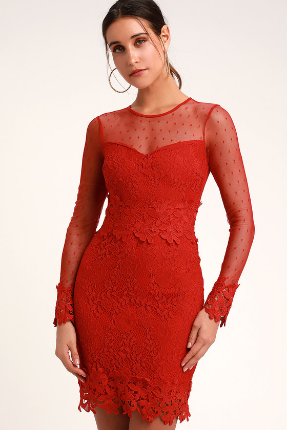 Cute Red Lace Dress - Swiss Dot Lace Dress - Long Sleeve Dress - Lulus