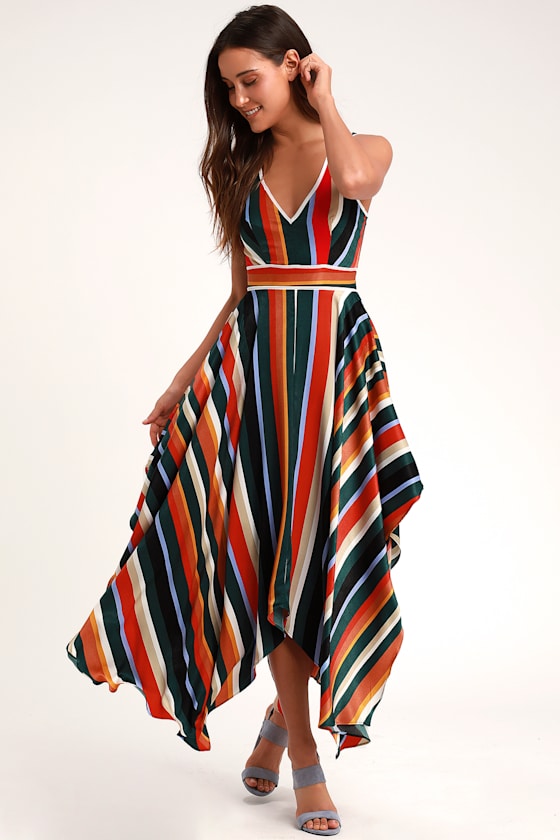 Cute Forest Green Multi Striped Dress Handkerchief Dress Lulus