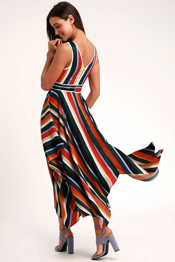 Uplifting Forest Green Multi Striped Satin Handkerchief Dress 5