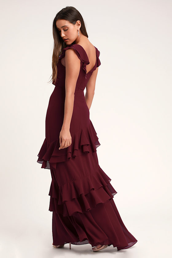 Majesty Burgundy Ruffled Maxi Dress 4