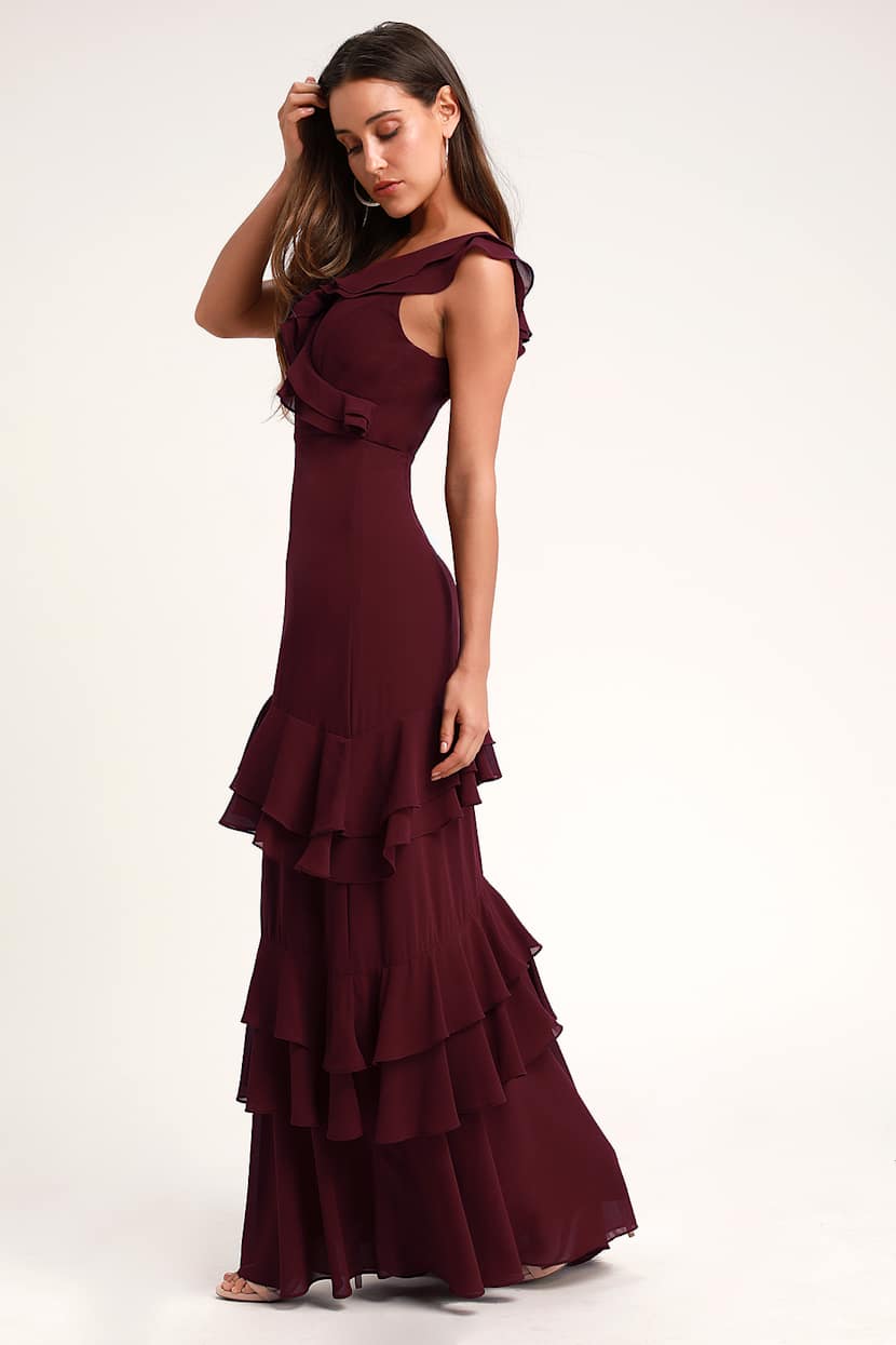 Majesty Burgundy Ruffled Maxi Dress