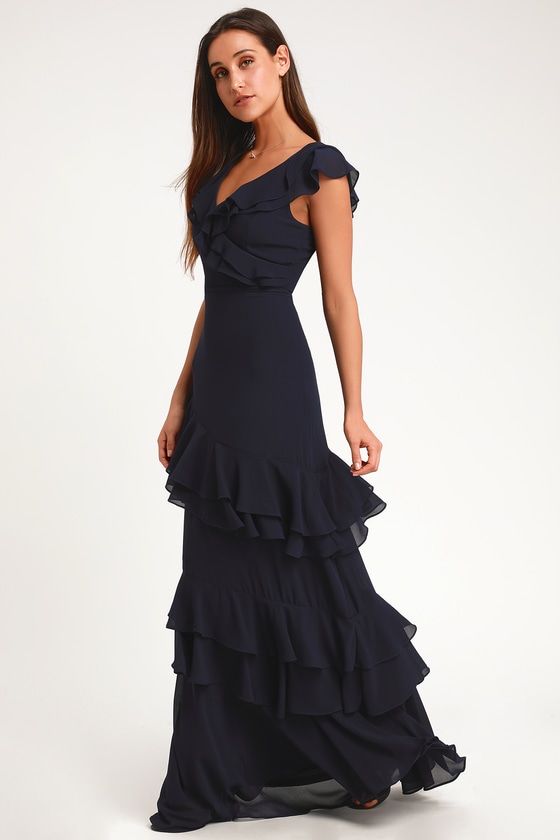 Stunning Maxi Dress - Ruffled Maxi Dress - Navy Blue Maxi Dress - Lulus