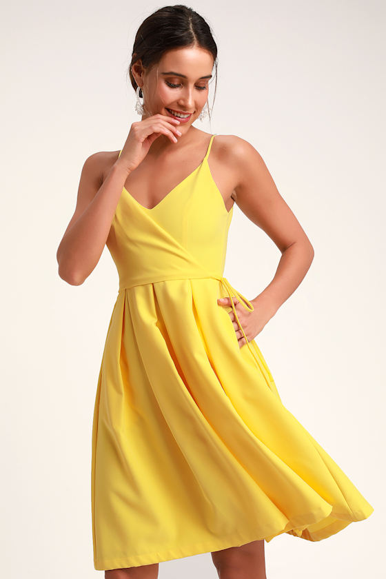 Thinking About You Yellow Pleated Faux Wrap Midi Skater Dress 3