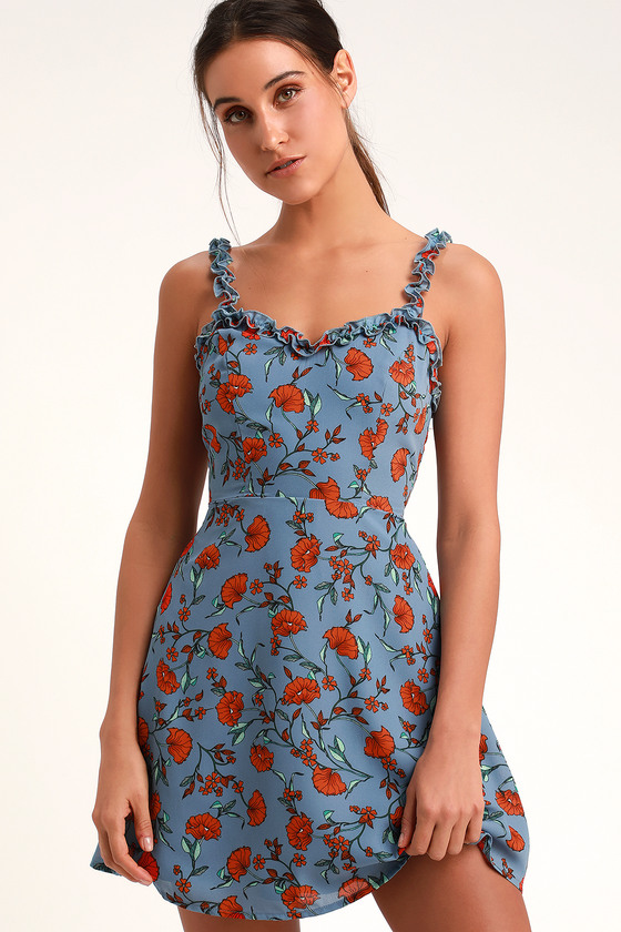 Cute Light Blue Dress - Floral Print Dress - Blue Skater Dress - Lulus