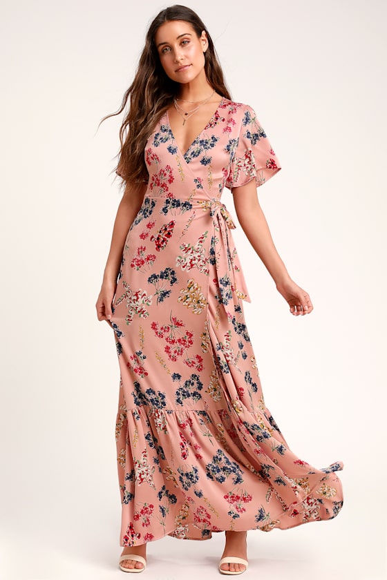 Mystic Mondays Mauve Floral Print Wrap Maxi Dress 1