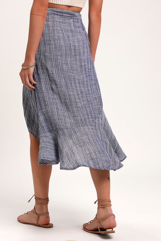 By the Bay Washed Blue and White Striped Ruffled Midi Skirt
