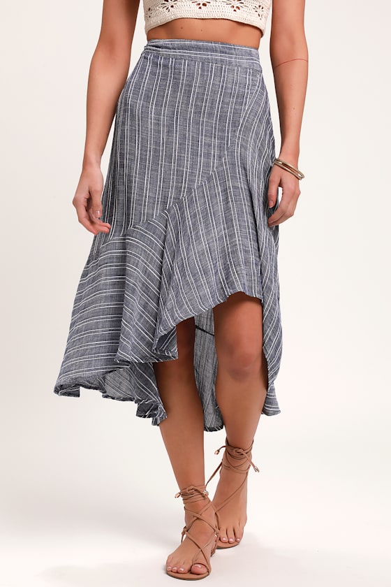 By the Bay Washed Blue and White Striped Ruffled Midi Skirt 4