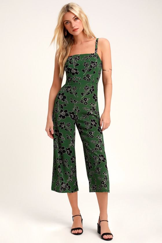 Green Floral Print Culotte Jumpsuit - Back Knot Tying Jumpsuit - Lulus