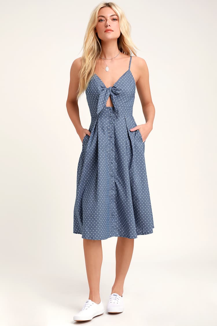 Pretty Polka Dot Dress - Front Tie Midi Dress - Blue Midi Dress - Lulus