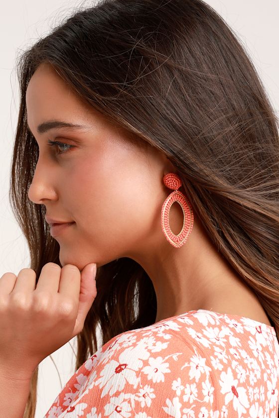 Calliandra Coral Orange Beaded Statement Earrings 1