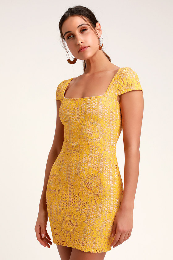 Yellow lace mini sales dress