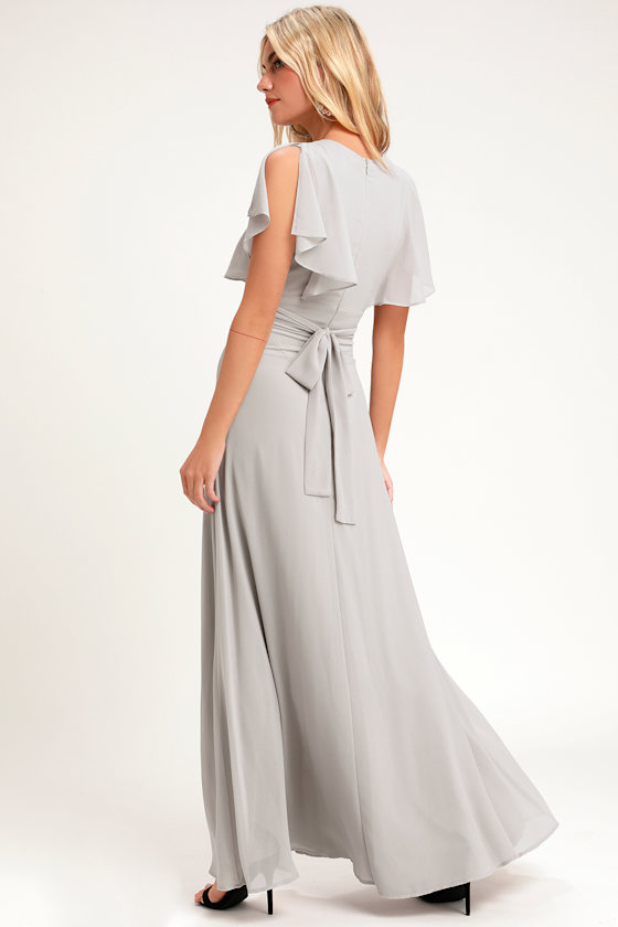 Pretty Light Grey Maxi Dress Flutter Sleeve Dress Gown