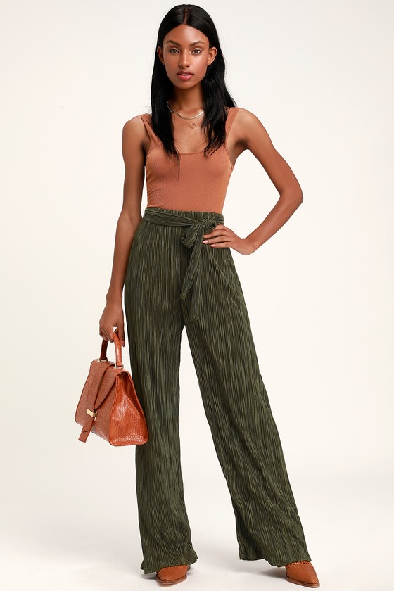 Chic Pleated Pants - Olive Green Pants - Pleated Satin Pants - Lulus