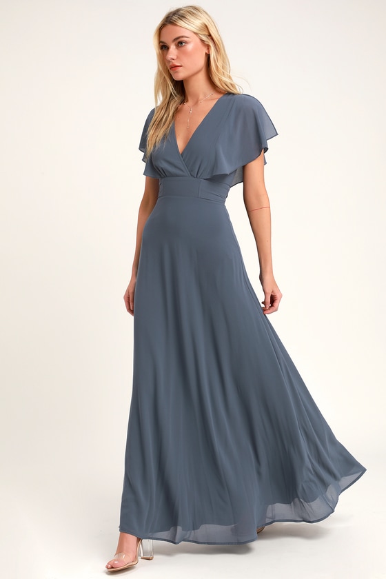 Pretty Slate Blue Maxi Dress - Flutter Sleeve Dress - Gown - Lulus