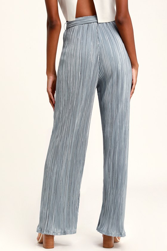 Chic Pleated Pants - Slate Blue Pants - Pleated Satin Pants